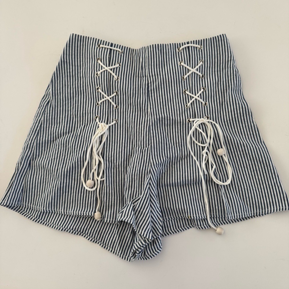 TULAROSA Blue White Striped Shorts Lace up, Back Zip Size Medium REVOLVE XS